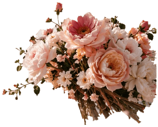 A hand-tied bouquet of blush garden roses, peonies and white blossoms